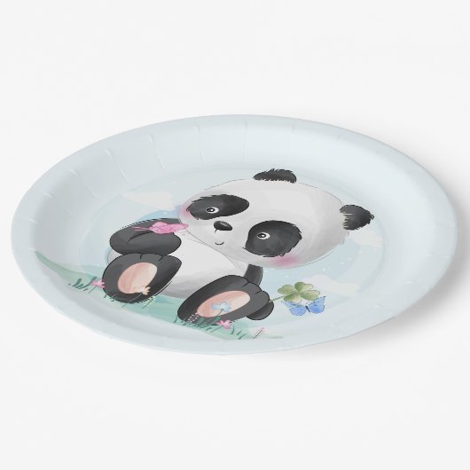 Assiettes En Carton Ours Panda Aquarelle avec papillons (Angle)