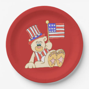 Assiettes En Carton Ours Patriotique Avec Drapeau