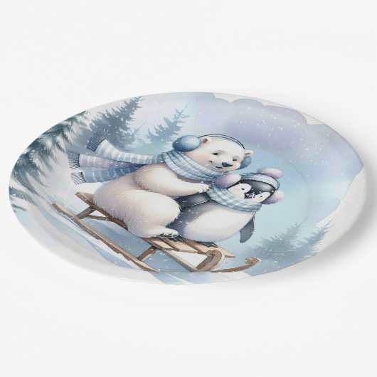 Assiettes En Carton Ours pingouin et polaire sur un traîneau (Angle)
