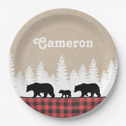 Assiettes En Carton Ours Plaid Fête d'anniversaire (Devant)