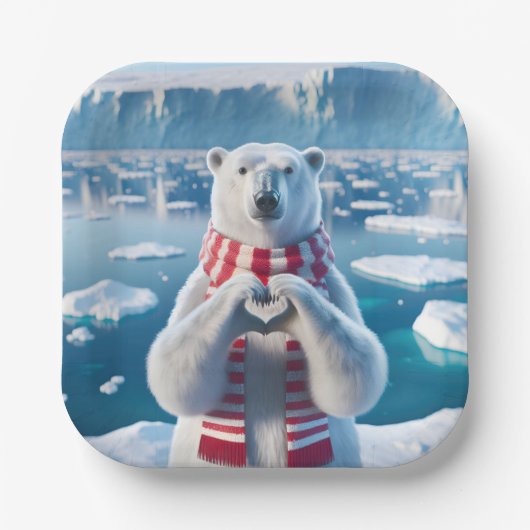 Assiettes En Carton Ours polaire avec pattes formant un coeur (Recto)