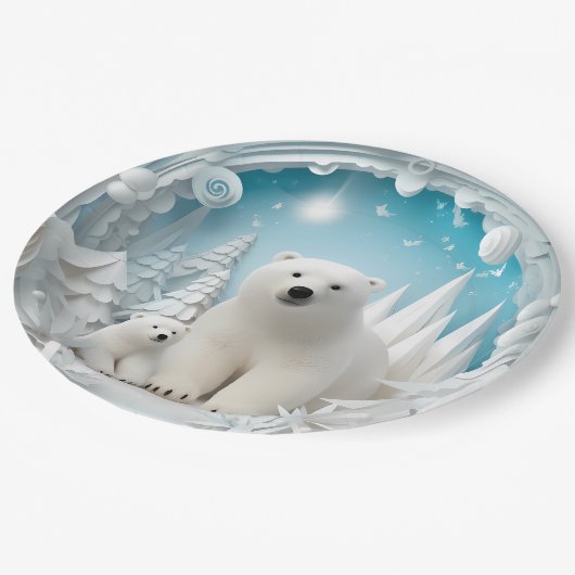 Assiettes En Carton Ours polaire avec petit Océan Arctique Hiver blanc (Angle)