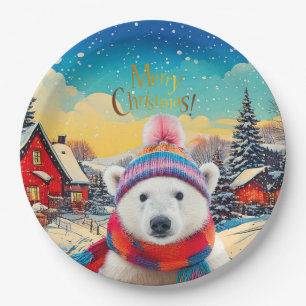 Assiettes En Carton Ours polaire chapeau de Père Noël et écharpe Joyeu