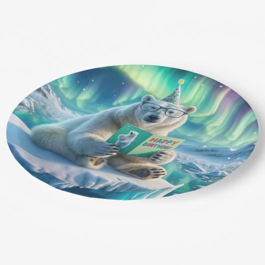 Assiettes En Carton Ours polaire d'anniversaire sur un iceberg (Angle)