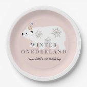 Assiettes En Carton Ours polaire Hiver Onederland Rose Anniversaire (Devant)