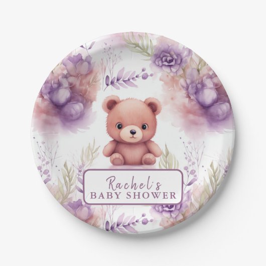 Assiettes En Carton Ours pourpre en tourbillon et fleurs - Baby shower (Devant)
