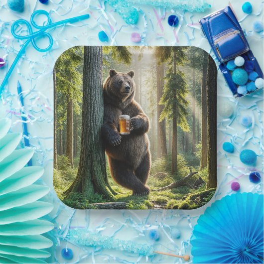 Assiettes En Carton Ours tenant une bière en forêt (Fête)