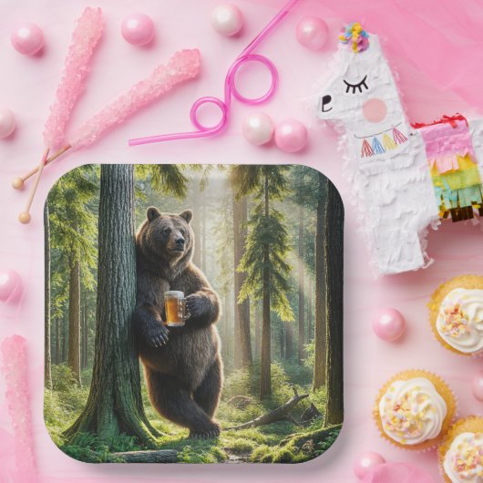 Assiettes En Carton Ours tenant une bière en forêt (Fête)