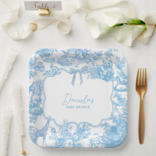 Assiettes En Carton Ours Toile de Jouy Bleu Blanc Lapin Baby Shower