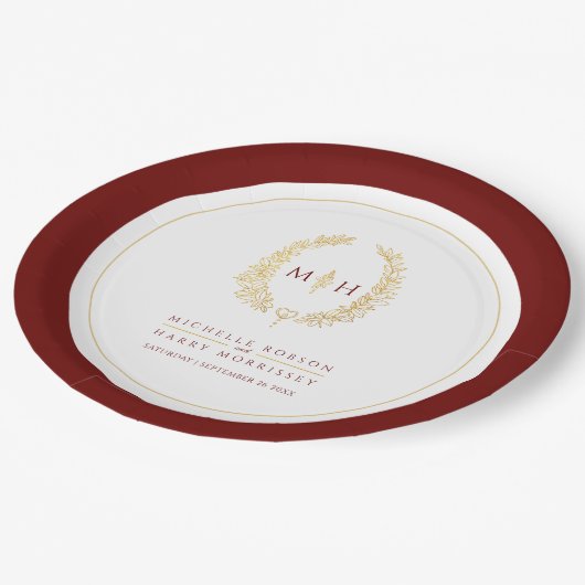 Assiettes En Carton Oval wreath art feuille or rouge monogramme mariag (Angle)