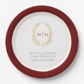 Assiettes En Carton Oval wreath art feuille or rouge monogramme mariag (Devant)
