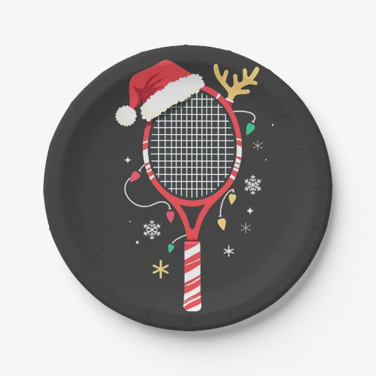 Assiettes En Carton Paddle de tennis avec chapeau de Santa et lumières (Devant)