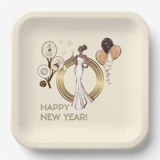 ASSIETTES EN CARTON PADEL PLATE: NEW YEAR’S PADEL DIVA – CREAM & GOLD (Recto)
