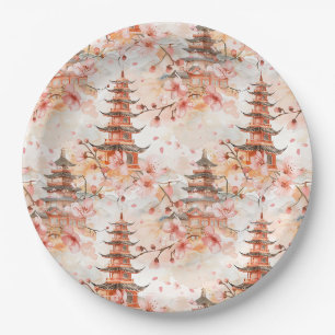 Assiettes En Carton Pagode chinoise à l'aquarelle avec fleurs de ceris