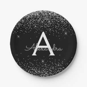 Assiettes En Carton Pailleté Noir Argenté Monogramme Anniversaire