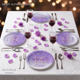 Assiettes En Carton Pailleté Violet, 16 Paillettes, Papier Anniversair