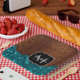 Assiettes En Carton Pailletés bleu aqua bois brun rustique Monogramme