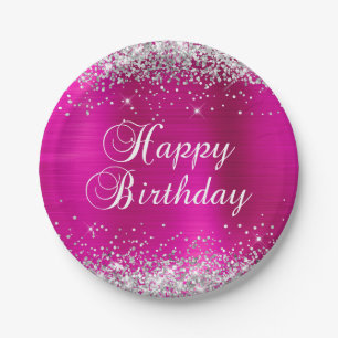 Assiettes En Carton Paillettes Argent Rose Chaud Joyeux Anniversaire