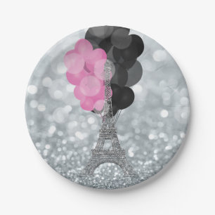 Assiettes En Carton Paillettes argentées et ballons Paris Tour Eiffel