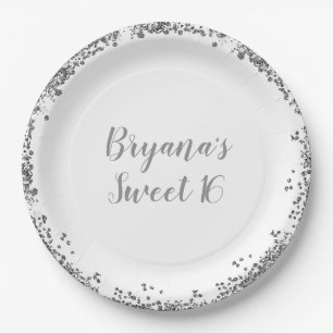 Assiettes En Carton Paillettes Blanches Argentées Glam Edge Sweet 16 F