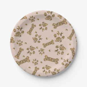 Assiettes En Carton Paillettes dorées beige rose Os de patte de chien 