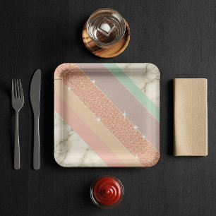 Assiettes En Carton Paillettes Or Rose Marbre Pastel Bandes Diagonales