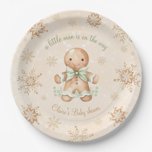 Assiettes En Carton Pain d'épices Petit homme Baby shower de Noël vert (Devant)