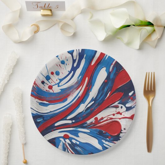 Assiettes En Carton Paint Rouge Blanc Et Bleu Pour Swirl (Mariage)