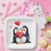 Assiettes En Carton Paire de pingouins aux Coeurs rouges (Fête)