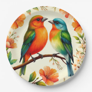 Assiettes En Carton Paire d'oiseaux colorés assis parmi des floraisons
