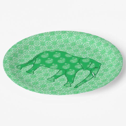 Assiettes En Carton Paisley éléphant - Jade vert et blanc (Angle)