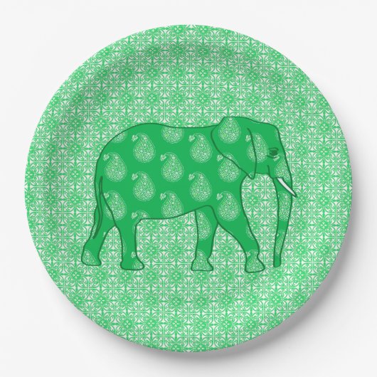 Assiettes En Carton Paisley éléphant - Jade vert et blanc (Devant)