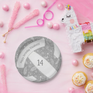 Assiettes En Carton Paisley floral plumes doodles gris volleyball