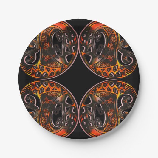 Assiettes En Carton Paisley tortue boho noir orange (Devant)
