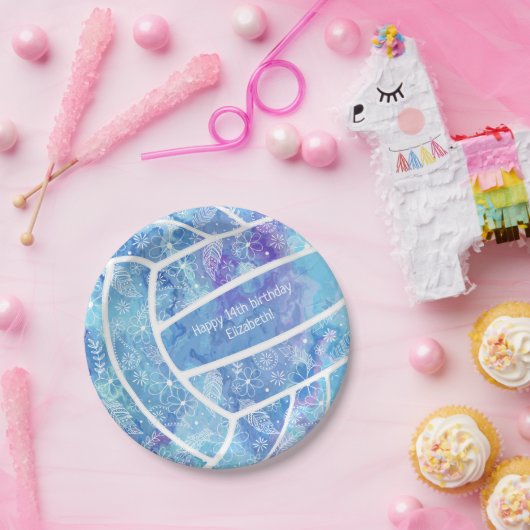 Assiettes En Carton Paislies fleurs plumes motif bleu volleyball (Fête)