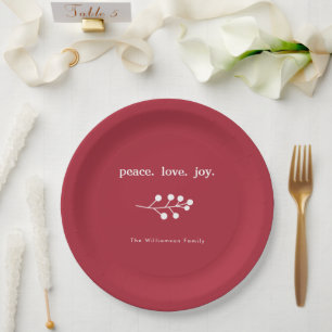 Assiettes En Carton Paix Amour Joie Baies de Houx Vacances Noël Rouge