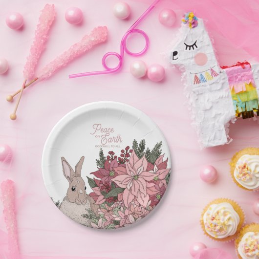 Assiettes En Carton Paix sur Terre Rabbit en Fleurs roses (Fête)