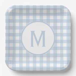 Assiettes En Carton Pale Poudre bleu En vichy Motif Monogramme