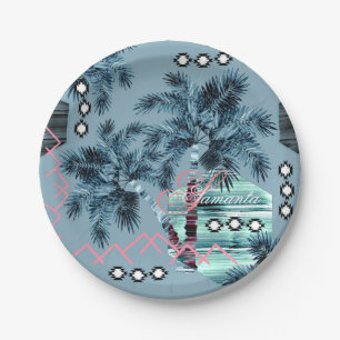 Assiettes En Carton Palm Hawaïen bleu noir monogramme personnalisé