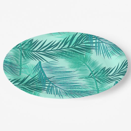 Assiettes En Carton Palm Leaf Print, Turquoise, Turquoise et Aqua (Angle)