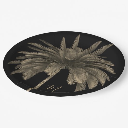 Assiettes En Carton Palm Tree élégant rétro chic noir (Angle)