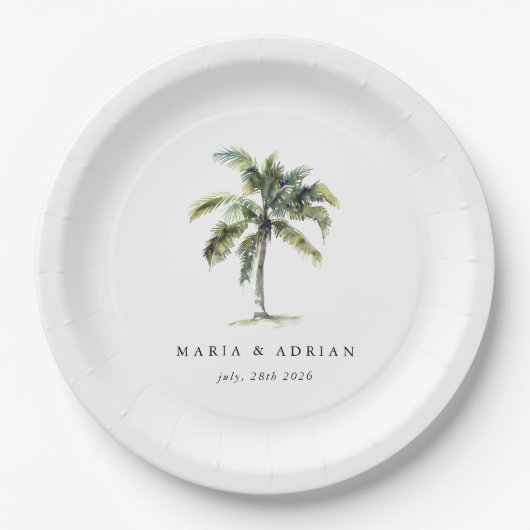 Assiettes En Carton Palm Tree minimal Mariage de plage tropicale (Devant)