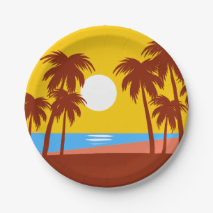 Assiettes En Carton Palm Tree Tropical Island Sunset