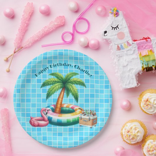 Assiettes En Carton Palm Trees Pool Flamant rose de fête Anniversaire (Fête)