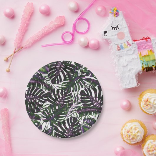 Assiettes En Carton Palme tropicale violette et verte Feuille Mariage (Fête)