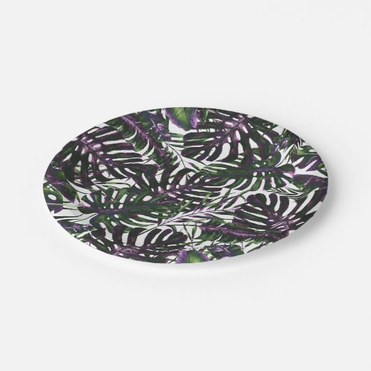 Assiettes En Carton Palme tropicale violette et verte Feuille Mariage (Angle)