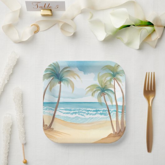 Assiettes En Carton Palmes tropicales | Mariage d'aquarelle de plage (Mariage)