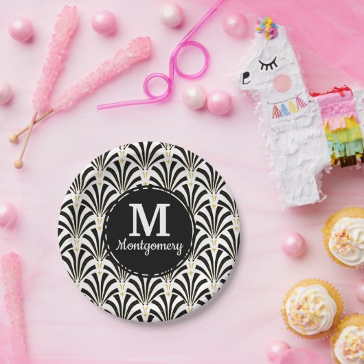 Assiettes En Carton Palmettes Art Déco 1920 noir et blanc (Fête)