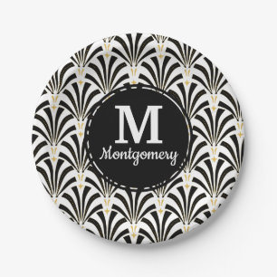 Assiettes En Carton Palmettos noirs et blancs d'art déco des années