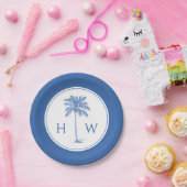 Assiettes En Carton Palmier bleu et blanc Monogramme de palmier (Fête)